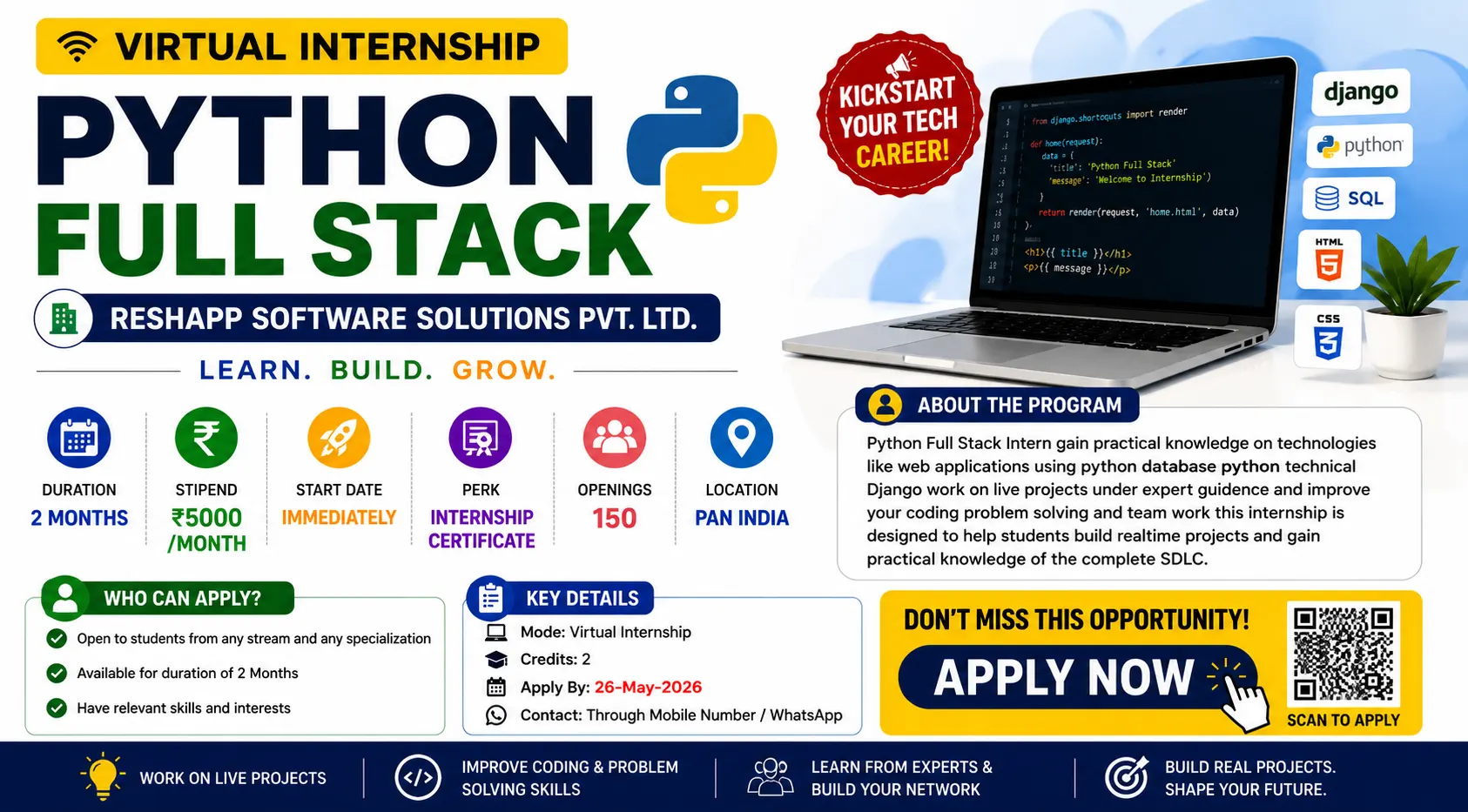 Python Full Stack Internship 2026 | ₹5000 Stipend Virtual Internship for Students