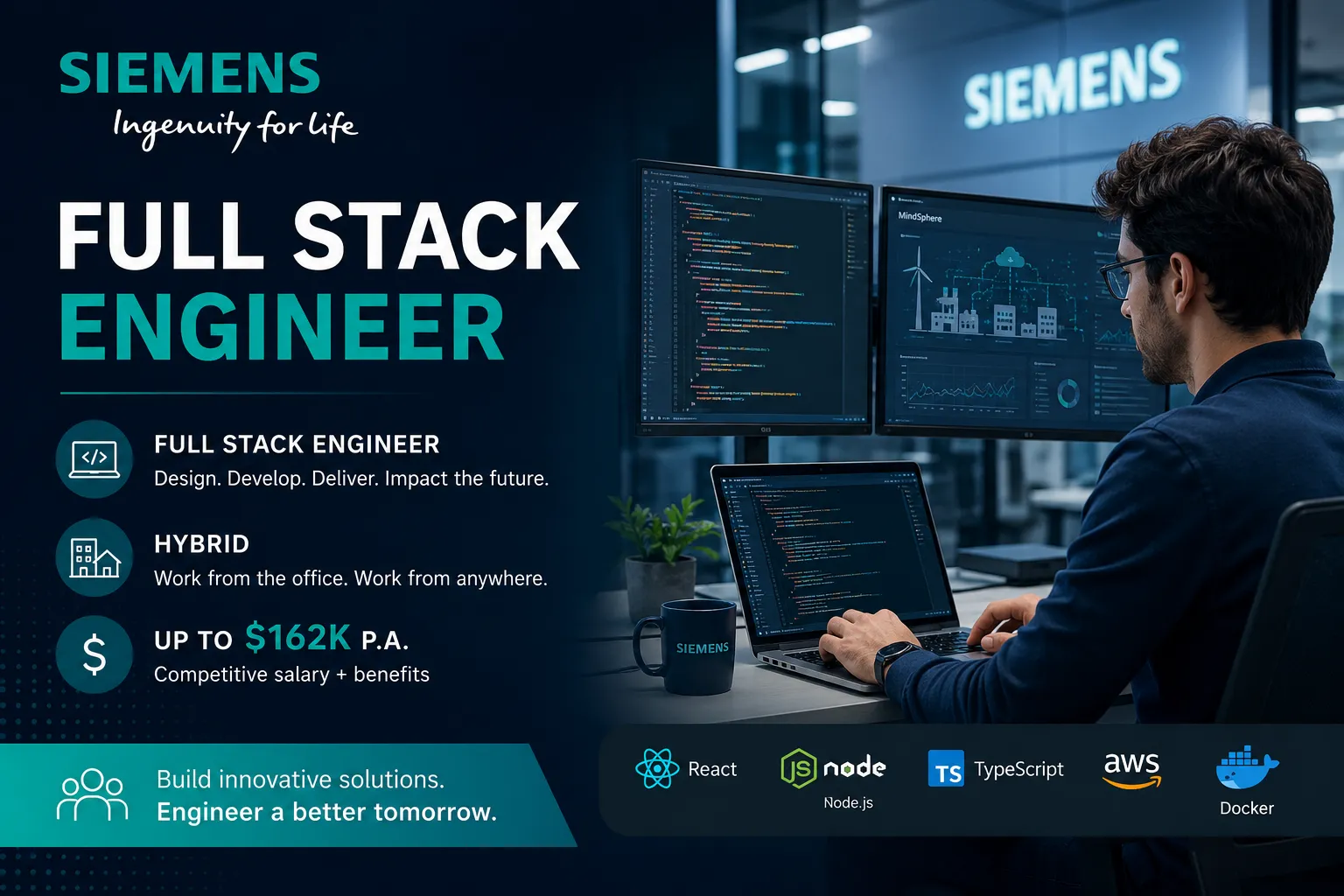 Siemens Full Stack Engineer Job | Hybrid | Upto $162k P.A